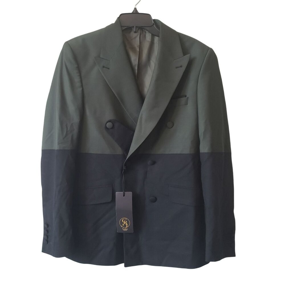 NEW Grogo Black Dark Green Wool Double Breasted Mens Suit Jacket EU 46 - Picture 2 of 15